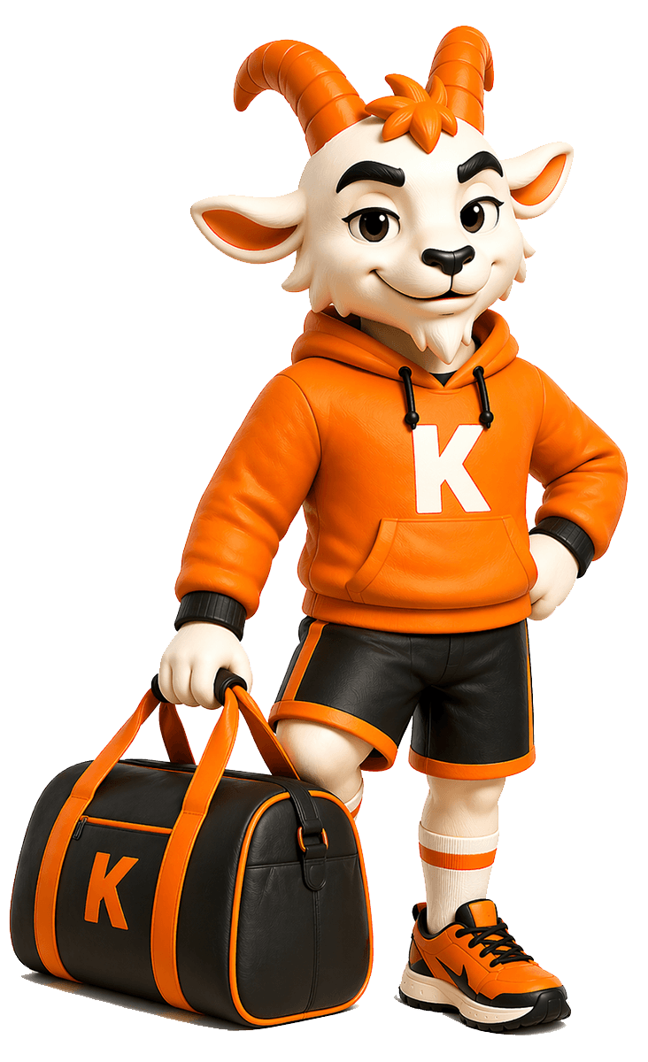 Kaylo goat mascot in an orange hoodie holding a sports bag